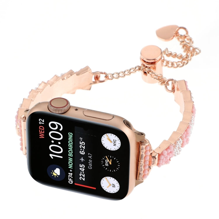 For Apple Watch SE 2022 44mm Shell Beads Chain Bracelet Metal Watch Band(Pink White Rose Gold) - Watch Bands by PMC TechLife | Online Shopping South Africa | PMC TechLife