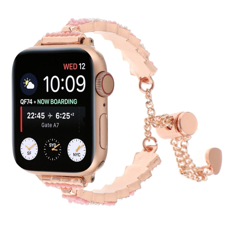 For Apple Watch Series 7 41mm Shell Beads Chain Bracelet Metal Watch Band(Pink White Rose Gold) - Watch Bands by PMC TechLife | Online Shopping South Africa | PMC TechLife