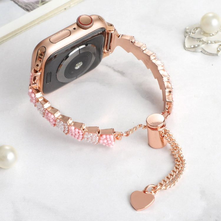 For Apple Watch Series 7 41mm Shell Beads Chain Bracelet Metal Watch Band(Pink White Rose Gold) - Watch Bands by PMC TechLife | Online Shopping South Africa | PMC TechLife