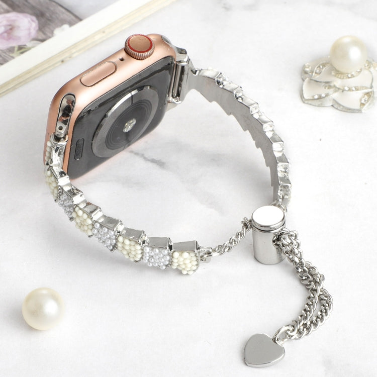 For Apple Watch Series 4 44mm Shell Beads Chain Bracelet Metal Watch Band(Beige White Silver) - Watch Bands by PMC TechLife | Online Shopping South Africa | PMC TechLife