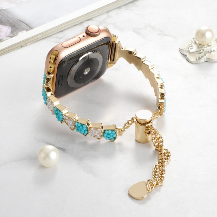 For Apple Watch Series 3 38mm Shell Beads Chain Bracelet Metal Watch Band(Blue White Gold) - Watch Bands by PMC TechLife | Online Shopping South Africa | PMC TechLife