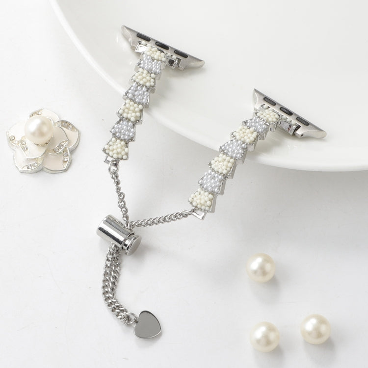 For Apple Watch 42mm Shell Beads Chain Bracelet Metal Watch Band(Beige White Silver) - Watch Bands by PMC TechLife | Online Shopping South Africa | PMC TechLife