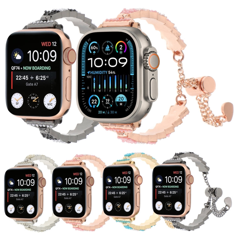 For Apple Watch Series 7 41mm Shell Beads Chain Bracelet Metal Watch Band(Pink White Rose Gold) - Watch Bands by PMC TechLife | Online Shopping South Africa | PMC TechLife