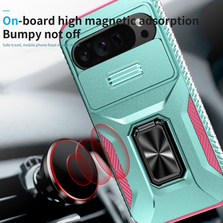 For Google Pixel 9 Pro XL Sliding Camshield Holder Phone Case(Grey Green + Pink) - Google Cases by PMC TechLife | Online Shopping South Africa | PMC TechLife | Buy Now Pay Later Mobicred