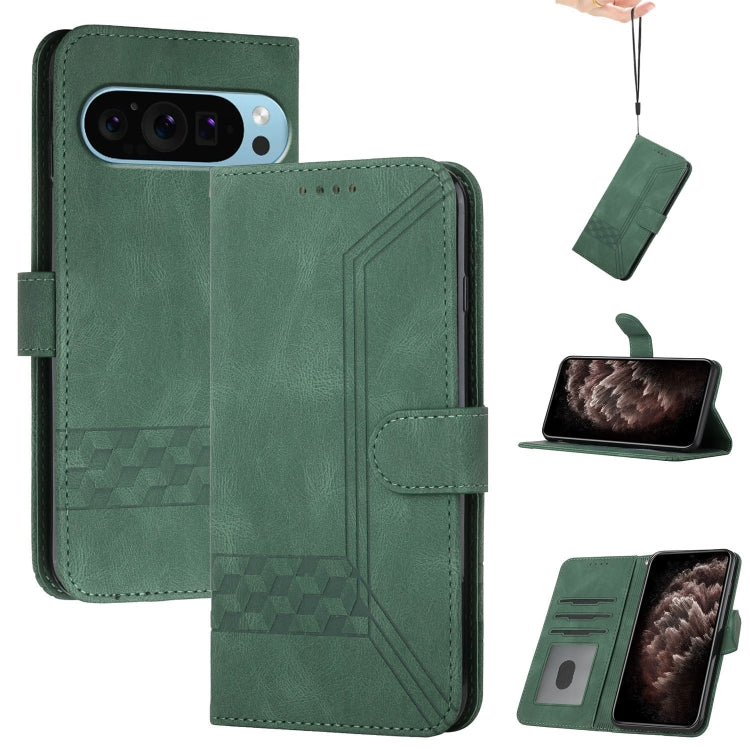 For Google Pixel 9 Pro Cubic Skin Feel Flip Leather Phone Case(Green) - Google Cases by PMC TechLife | Online Shopping South Africa | PMC TechLife | Buy Now Pay Later Mobicred