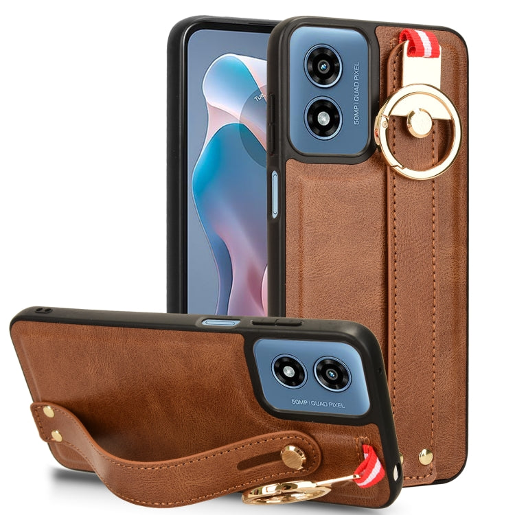 For Motorola Moto G Play 4G 2024 Wristband Leather Back Phone Case(Brown) - Motorola Cases by PMC Jewellery | Online Shopping South Africa | PMC Jewellery | Buy Now Pay Later Mobicred