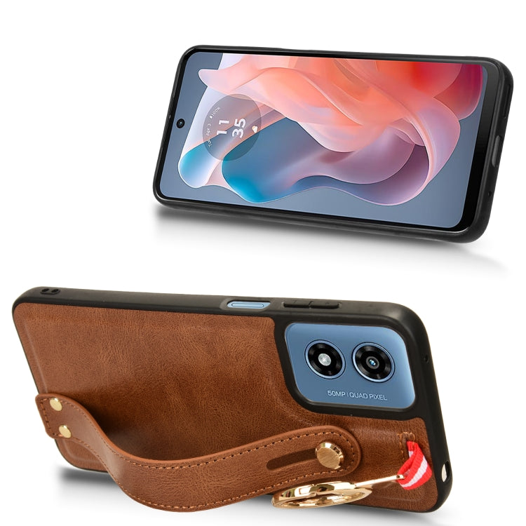 For Motorola Moto G Play 4G 2024 Wristband Leather Back Phone Case(Brown) - Motorola Cases by PMC Jewellery | Online Shopping South Africa | PMC Jewellery | Buy Now Pay Later Mobicred