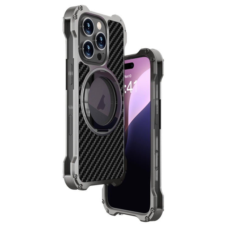 For iPhone 16 Pro R-JUST RJ51-1 Hollow Rotating Holder MagSafe Magnetic Metal Phone Case(Silver Grey) - free shipping - PMC Jewellery - Order now!