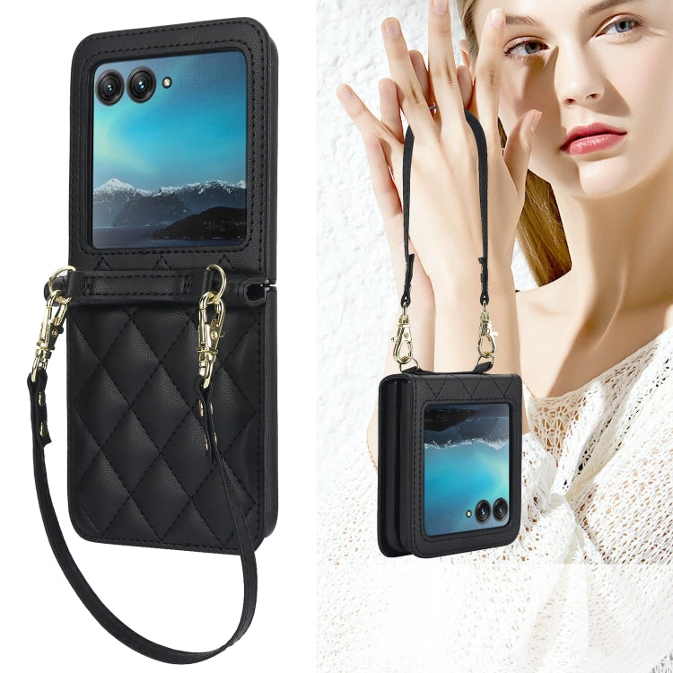 For Motorola Razr 40 Ultra Rhombic Texture Phone Case with Long & Short Lanyard(Black) - Motorola Cases by PMC TechLife | Online Shopping South Africa | PMC TechLife | Buy Now Pay Later Mobicred