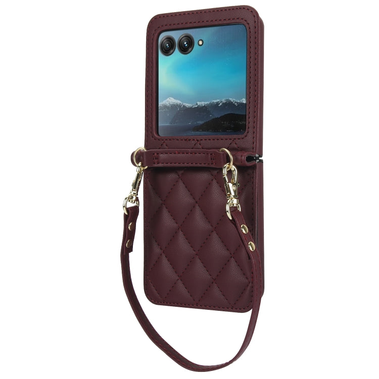 For Motorola Razr 40 Ultra Rhombic Texture Phone Case with Long & Short Lanyard(Wine Red) - Motorola Cases by PMC TechLife | Online Shopping South Africa | PMC TechLife | Buy Now Pay Later Mobicred