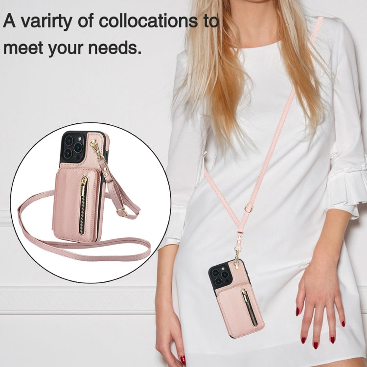 For iPhone 16 Pro Max YM006 Skin Feel Zipper Card Bag Phone Case with Dual Lanyard(Rose Gold) - free shipping - PMC Jewellery - Order now!