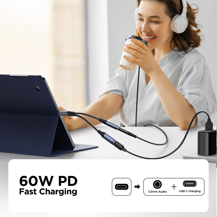 JOYROOM SY-C02 2 in 1 USB-C/Type-C to 3.5mm+USB-C/Type-C Audio Adapter Cable(Black) - free shipping - PMC TechLife - Order now!