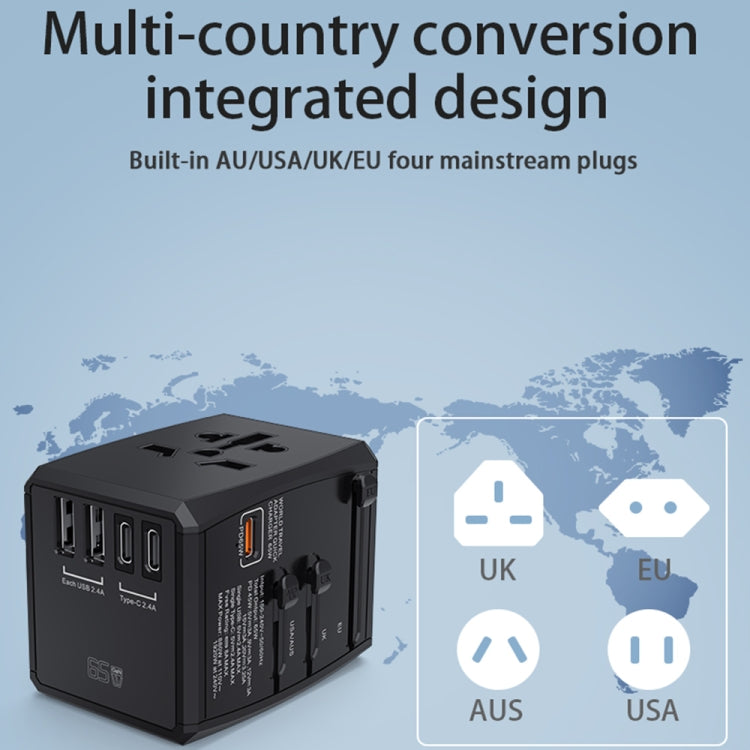 HHT905 PD 65W Dual USB+Dual Type-C Interface Multi-function Universal Travel Conversion Plug(Black) - USB Charger by PMC TechLife | Online Shopping South Africa | PMC TechLife