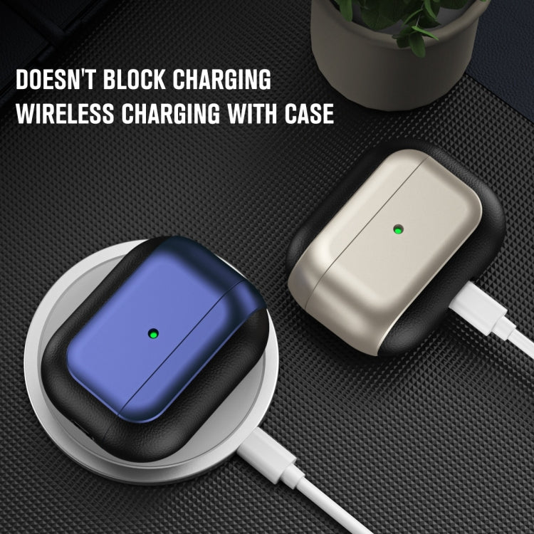 For AirPods Pro 2 Electroplated Leather Texture Wireless Earphones Protective Case(Navy Blue) - For AirPods Pro 2 by PMC Jewellery | Online Shopping South Africa | PMC Jewellery | Buy Now Pay Later Mobicred