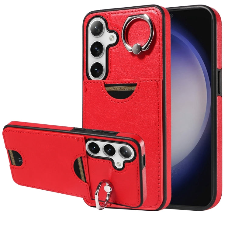 For Samsung Galaxy S24 5G Calf Texture Card Slot Ring Holder Phone Case(Red) - Galaxy S24 5G Cases by PMC TechLife | Online Shopping South Africa | PMC TechLife