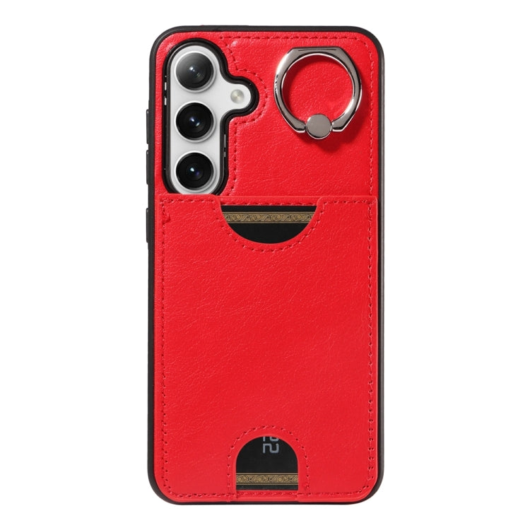 For Samsung Galaxy S24 5G Calf Texture Card Slot Ring Holder Phone Case(Red) - Galaxy S24 5G Cases by PMC TechLife | Online Shopping South Africa | PMC TechLife