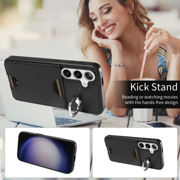 For Samsung Galaxy S24 5G Calf Texture Card Slot Ring Holder Phone Case(Black) - Galaxy S24 5G Cases by PMC TechLife | Online Shopping South Africa | PMC TechLife