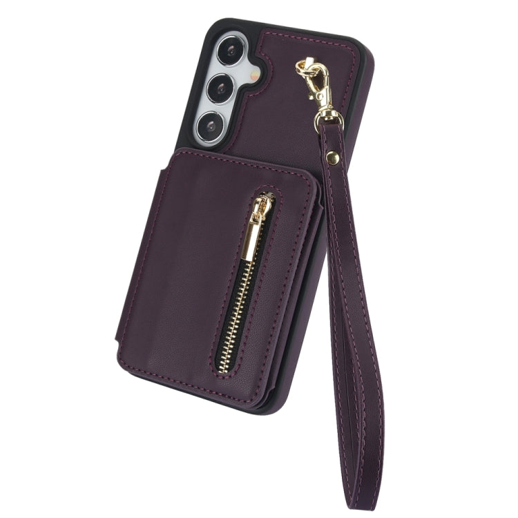 For Samsung Galaxy S24+ 5G YM006 Skin Feel Zipper Card Bag Phone Case with Dual Lanyard(Dark Purple) - Galaxy S24+ 5G Cases by PMC Jewellery | Online Shopping South Africa | PMC Jewellery | Buy Now Pay Later Mobicred