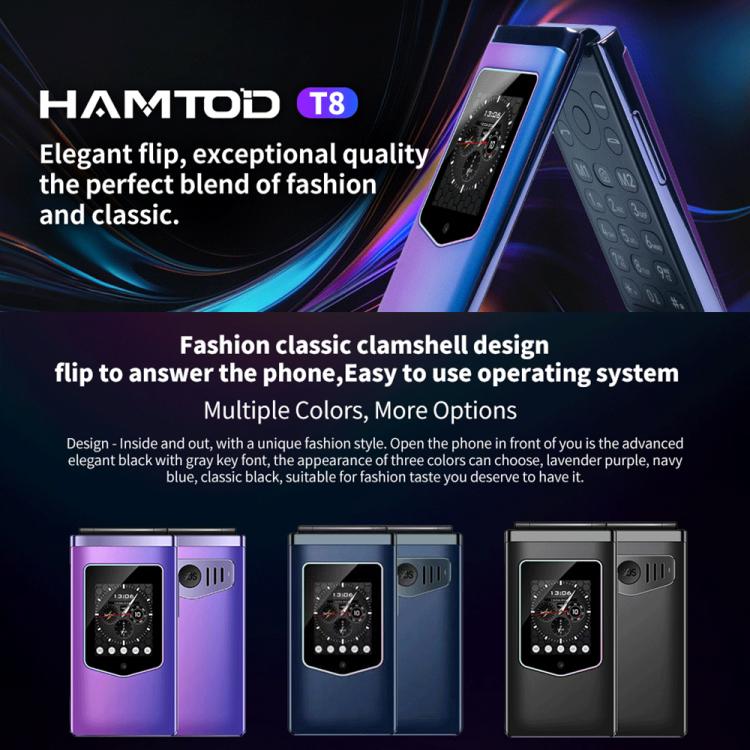 HAMTOD T8 4G Flip Phone, EU Version, 2.8 inch + 1.77 inch, VoLTE, BT, SOS, OTG(Navy Blue) - free shipping - PMC TechLife - Order now!