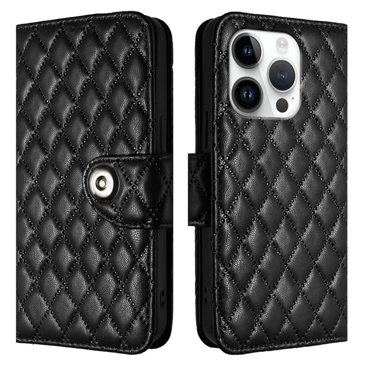 For iPhone 16 Pro Rhombic Texture Flip Leather Phone Case with Lanyard(Black) - iPhone 16 Pro Cases by PMC TechLife | Online Shopping South Africa | PMC TechLife | Buy Now Pay Later Mobicred