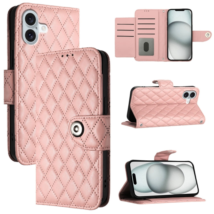 For iPhone 16 Plus Rhombic Texture Flip Leather Phone Case with Lanyard(Coral Pink) - iPhone 16 Plus Cases by PMC TechLife | Online Shopping South Africa | PMC TechLife | Buy Now Pay Later Mobicred