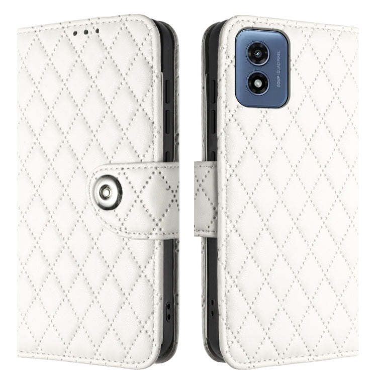 For Motorola Moto G Play 4G 2024 Rhombic Texture Flip Leather Phone Case with Lanyard(White) - Motorola Cases by PMC Jewellery | Online Shopping South Africa | PMC Jewellery | Buy Now Pay Later Mobicred