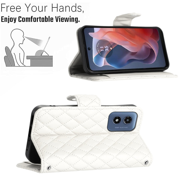 For Motorola Moto G Play 4G 2024 Rhombic Texture Flip Leather Phone Case with Lanyard(White) - Motorola Cases by PMC Jewellery | Online Shopping South Africa | PMC Jewellery | Buy Now Pay Later Mobicred
