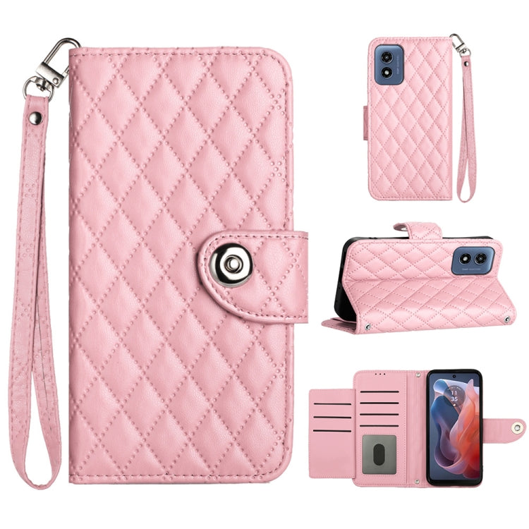 For Motorola Moto G Play 4G 2024 Rhombic Texture Flip Leather Phone Case with Lanyard(Pink) - free shipping - PMC Jewellery - Order now!