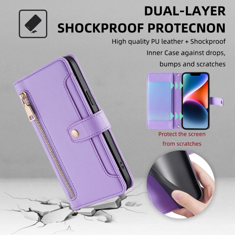 For Tecno Pova 6 Neo 4G Sheep Texture Cross-body Zipper Wallet Leather Phone Case(Purple) - Tecno Cases by PMC TechLife | Online Shopping South Africa | PMC TechLife | Buy Now Pay Later Mobicred