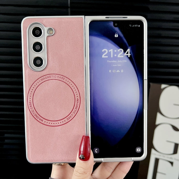 For Samsung Galaxy Z Fold5 Skin Feel Leather Texture MagSafe Pearlescent Paint Shockproof Phone Case(Pink) - Galaxy Z Fold5 Cases by PMC TechLife | Online Shopping South Africa | PMC TechLife