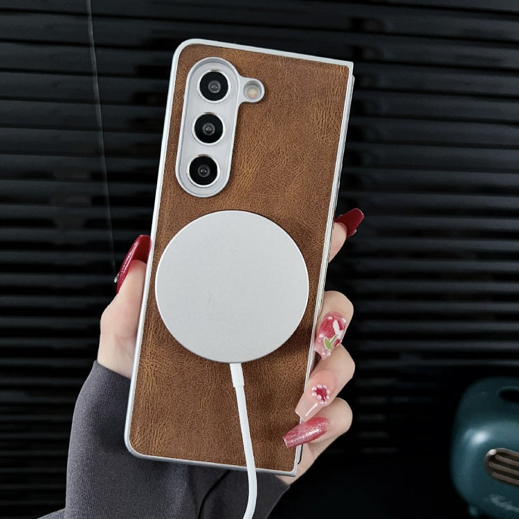 For Samsung Galaxy Z Fold5 Skin Feel Leather Texture MagSafe Pearlescent Paint Shockproof Phone Case(Pink) - Galaxy Z Fold5 Cases by PMC TechLife | Online Shopping South Africa | PMC TechLife