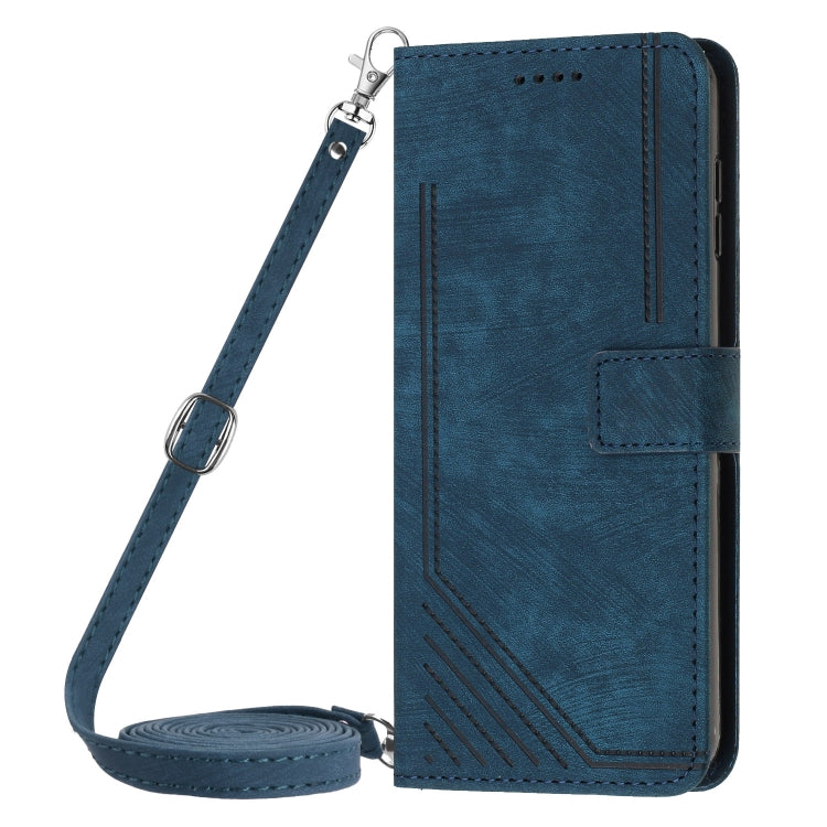 For Motorola Moto G Play 5G 2024 / G 5G 2024 Skin Feel Stripe Pattern Leather Phone Case with Long Lanyard(Blue) - Motorola Cases by PMC Jewellery | Online Shopping South Africa | PMC Jewellery | Buy Now Pay Later Mobicred