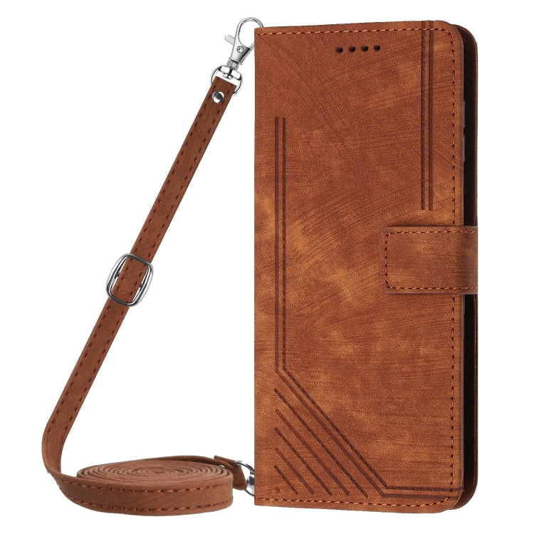 For Motorola Edge 2024 Skin Feel Stripe Pattern Leather Phone Case with Long Lanyard(Brown) - Motorola Cases by PMC Jewellery | Online Shopping South Africa | PMC Jewellery | Buy Now Pay Later Mobicred