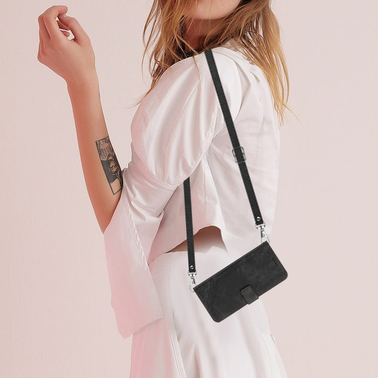 For Motorola Edge 2024 Skin Feel Stripe Pattern Leather Phone Case with Long Lanyard(Black) - free shipping - PMC Jewellery - Order now!