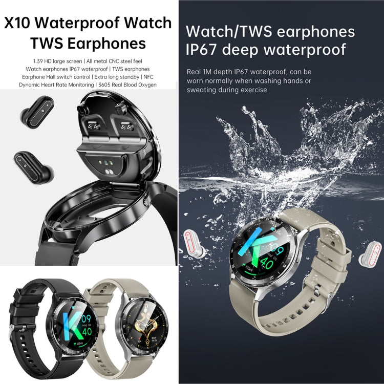 X10 Headphones Smart Watch 1.39 inch Waterproof Bracelet, Support Bluetooth Call / NFC / Heart Rate(Silver + Brown Leather) - free shipping - PMC TechLife - Order now!