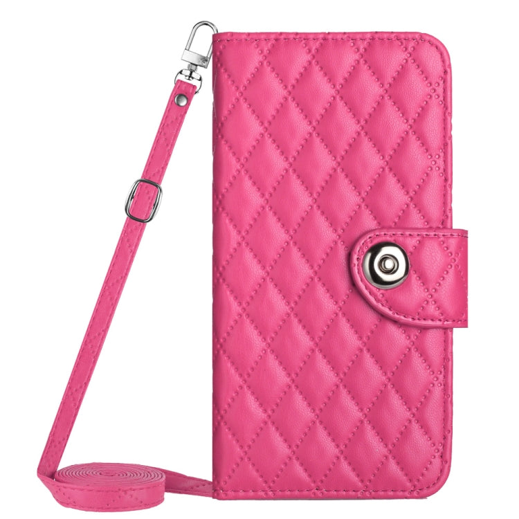 For Motorola Moto G Play 4G 2024 Rhombic Texture Flip Leather Phone Case with Long Lanyard(Rose Red) - Motorola Cases by PMC Jewellery | Online Shopping South Africa | PMC Jewellery | Buy Now Pay Later Mobicred