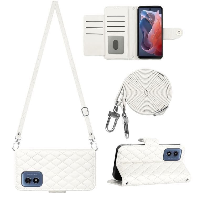 For Motorola Moto G Play 4G 2024 Rhombic Texture Flip Leather Phone Case with Long Lanyard(White) - Motorola Cases by PMC Jewellery | Online Shopping South Africa | PMC Jewellery | Buy Now Pay Later Mobicred
