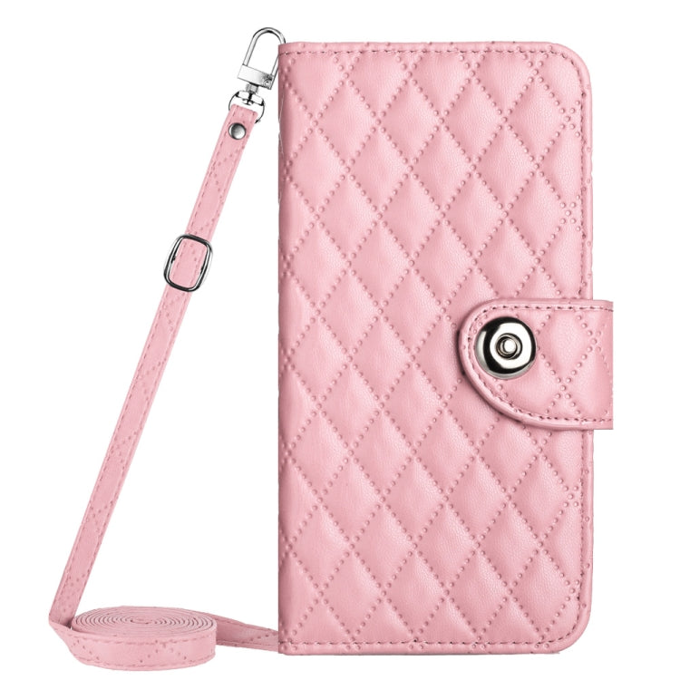 For Motorola Moto G Play 4G 2024 Rhombic Texture Flip Leather Phone Case with Long Lanyard(Pink) - Motorola Cases by PMC Jewellery | Online Shopping South Africa | PMC Jewellery | Buy Now Pay Later Mobicred