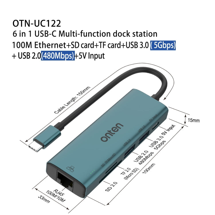 Onten UC122 6 in 1 USB-C / Type-C to SD + TF Card + USB 3.0 HUB with 5V Input & 100Mbps Network Card - free shipping - PMC Jewellery - Order now!