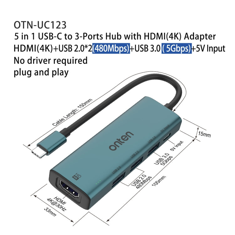 Onten UC123 5 in 1 USB-C / Type-C to HDMI + USB3.0 HUB Docking Station with 5V Input - free shipping - PMC Jewellery - Order now!