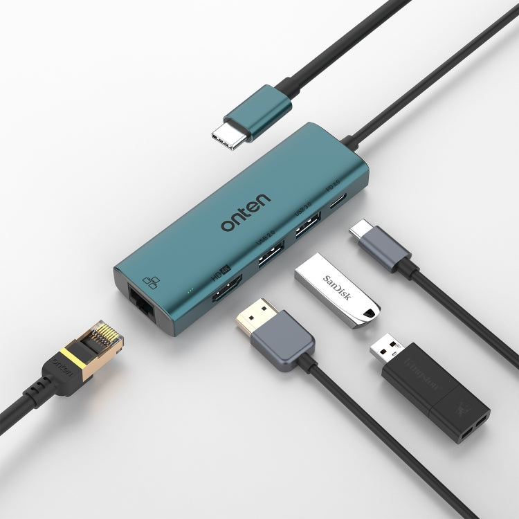 Onten UC125 5 in 1 USB-C / Type-C to HDMI+USB3.0+PD3.0 Multi-function HUB with 100Mbps Network Card - free shipping - PMC Jewellery - Order now!