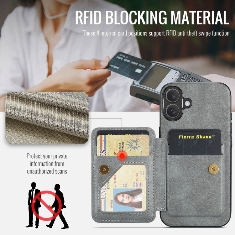 For iPhone 16 Plus Fierre Shann Oil Wax Cow Leather Card Holder Back Phone Case(Grey) - free shipping - PMC Jewellery - Order now!