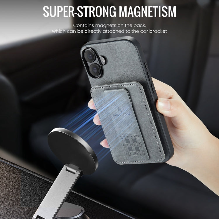 For iPhone 16 Plus Fierre Shann Oil Wax Cow Leather Card Holder Back Phone Case(Grey) - free shipping - PMC Jewellery - Order now!