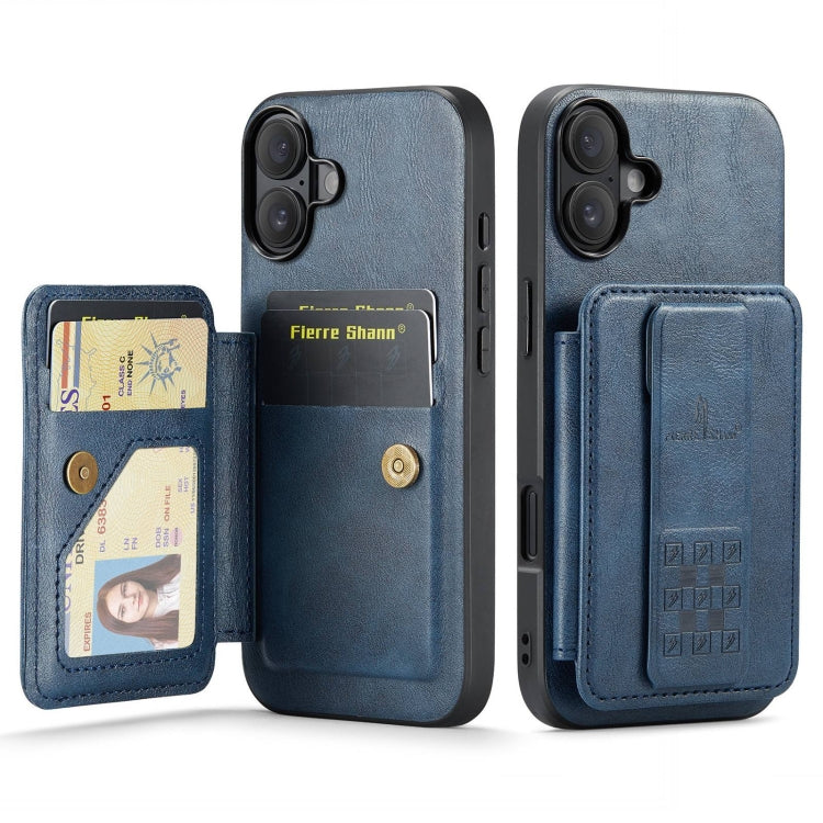For iPhone 16 Fierre Shann Oil Wax Cow Leather Card Holder Back Phone Case(Blue) - free shipping - PMC Jewellery - Order now!
