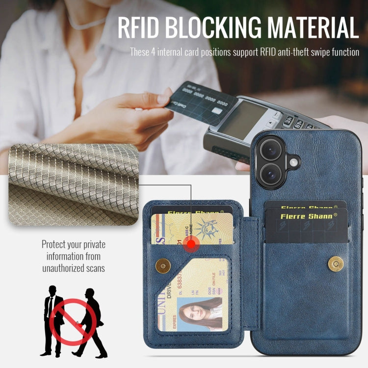 For iPhone 16 Fierre Shann Oil Wax Cow Leather Card Holder Back Phone Case(Blue) - free shipping - PMC Jewellery - Order now!