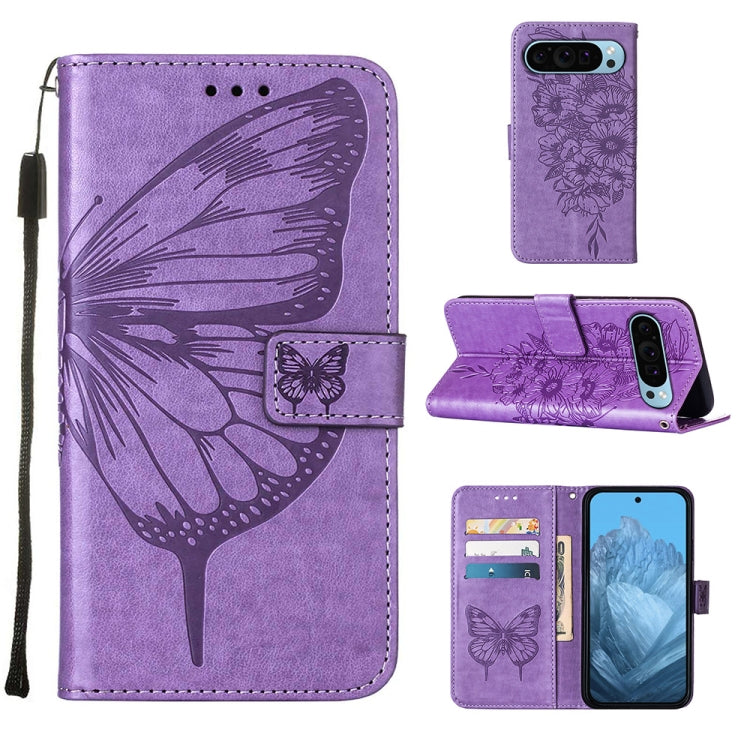For Google Pixel 9 Embossed Butterfly Leather Phone Case(Purple) - Google Cases by PMC TechLife | Online Shopping South Africa | PMC TechLife | Buy Now Pay Later Mobicred