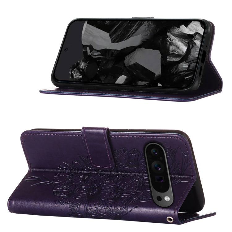 For Google Pixel 9 Pro Embossed Butterfly Leather Phone Case(Dark Purple) - Google Cases by PMC TechLife | Online Shopping South Africa | PMC TechLife | Buy Now Pay Later Mobicred