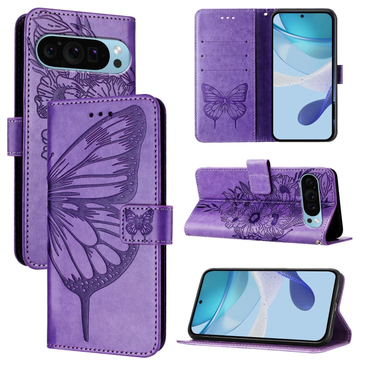 For Google Pixel 9 Pro XL Embossed Butterfly Leather Phone Case(Purple) - Google Cases by PMC TechLife | Online Shopping South Africa | PMC TechLife | Buy Now Pay Later Mobicred