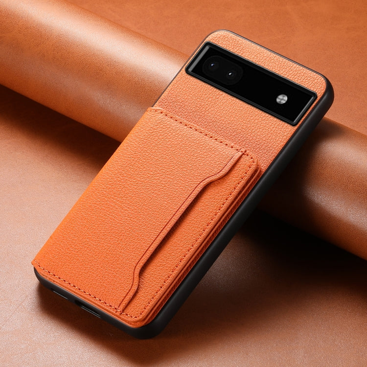 For Google Pixel 6a Calf Texture Card Bag Design Full Coverage Phone Case(Orange) - Google Cases by PMC TechLife | Online Shopping South Africa | PMC TechLife | Buy Now Pay Later Mobicred