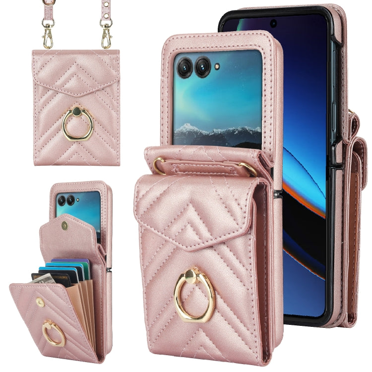 For Motorola Razr 40 Ultra / Razr 2023 V-shaped RFID Card Slot Phone Case with Ring Holder(Rose Gold) - Motorola Cases by PMC TechLife | Online Shopping South Africa | PMC TechLife | Buy Now Pay Later Mobicred